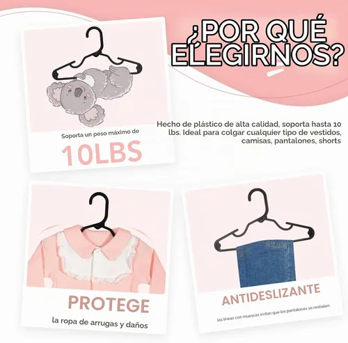 Vista 3 de HOUSE DAY Perchas de plástico para bebé, paquete de 20, perchas de plástico duradero para ropa de bebé, perchas delgadas y compactas para niños Negro