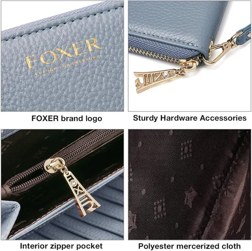 Vista 4 de FOXLOVER Carteras de cuero genuino para mujer carteras de embrague con cremallera RFID con pulsera