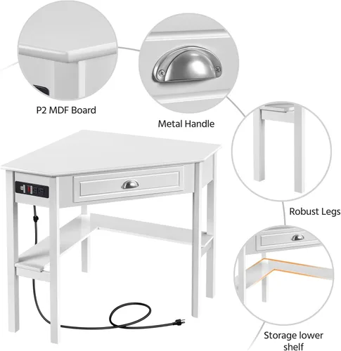 Vista 4 de Yaheetech - Escritorio esquinero en forma de L y silla blanca USB ports, storage drawer and shelf, space-saving corner fit, modern style, sturdy