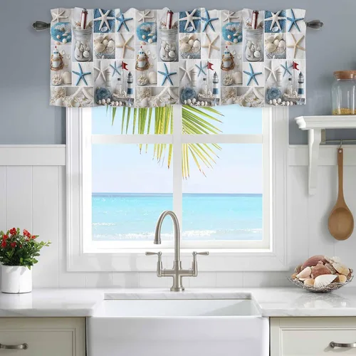 Vista 10 de Cenefa de muñeco de nieve de Navidad para ventanas de cocina, cenefas de invierno con bolsillo para barra, cortinas cortas, copos de nieve, bayas