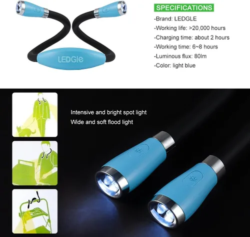 Vista 5 de LEDGLE Luz de lectura para el cuello, linternas recargables para el cuello para tejer, 4 bombillas LED + 3 brillo ajustable + brazos de silicona