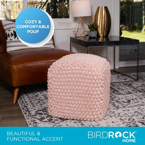 Vista 5 de BIRDROCK HOME - Taburete de puf redondo con diseño otomano – Puf de punto – Cuerda trenzada de algodón – Ideal para la sala de estar, dormitorio