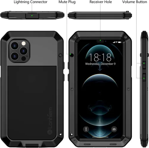Vista 5 de Lanhiem Funda de metal para iPhone 12 Pro Max, resistente a los golpes, con protector de pantalla de vidrio integrado, cubierta protectora de cuerpo