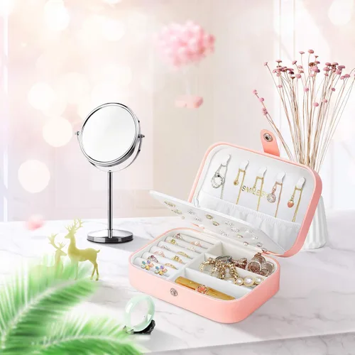 Vista 5 de Smileshe Joyero estuche de viaje portátil pequeño de piel sintética organizador de 2 capas caja de almacenamiento para anillos aretes collares