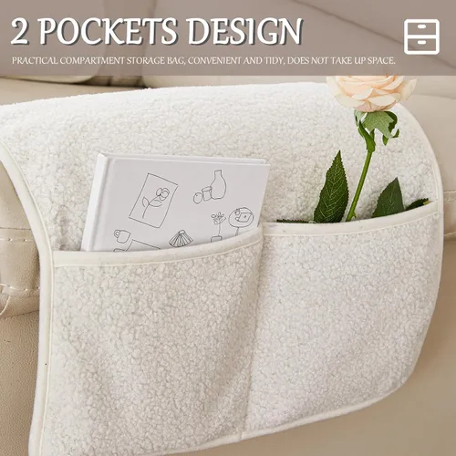 Vista 4 de Funda para Reposabrazos, Protector para Silla Reclinable, Protector para Muebles, Bolsillo de Almacenamiento Lateral, Funda Elástica para Beige