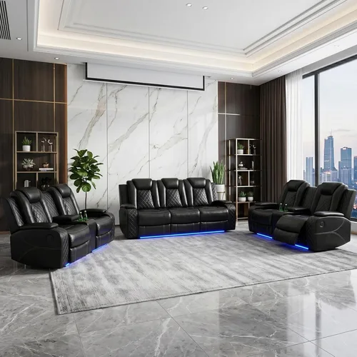 Vista 23 de Juegos de muebles de sala de estar, sofá modular reclinable eléctrico con luces LED, juego de sofá de cuero, sofá reclinable para sala de estar
