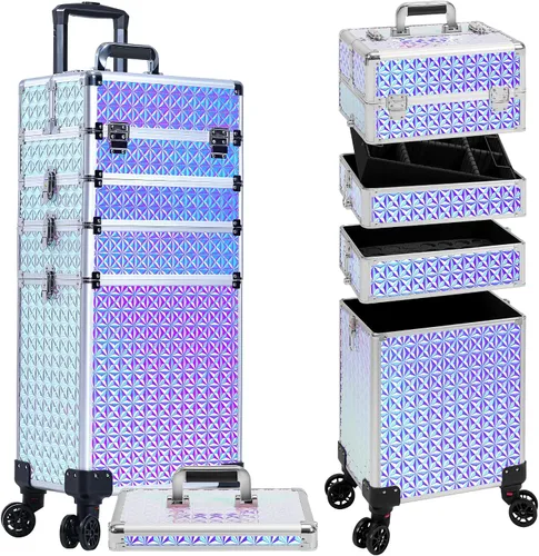 Vista 9 de AROUS Estuche de maquillaje rodante 5 en 1, estuche de cosmetología con ruedas, gran organizador cosmético, carro de viaje para estilista, artista
