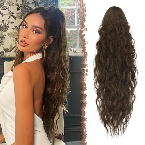 Vista 22 de FESHFEN Extensiones de cola de caballo – 26 pulgadas cordón largo rizado ondulado clip en colas de caballo pelo sintético extensiones de cola