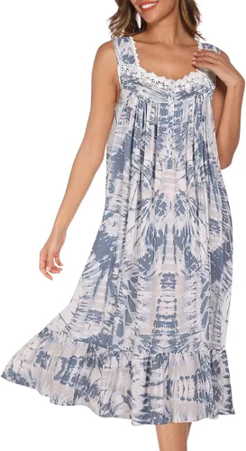 Vista 23 de AVIIER Camisones de algodón para mujer, sin mangas, vestido de casa largo con bolsillos, S-XXL Flor negra