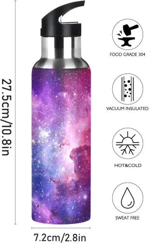 Vista 2 de Moudou Purple Galaxy - Botella de agua deportiva de acero inoxidable con tapa con pajilla, doble pared aislada al vacío, 20 onzas