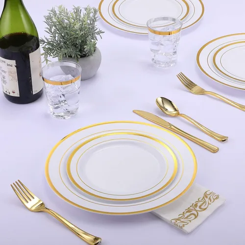 Vista 6 de FOCUSLINE Juego de 120 platos de plástico, platos desechables con borde Platos de plástico dorados
