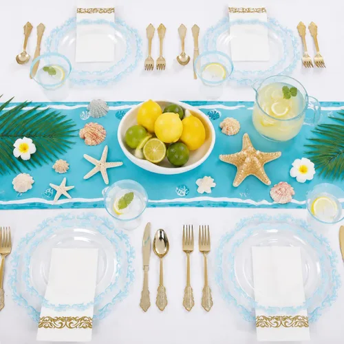 Vista 8 de PULOTE Juego de 175 piezas de platos de plástico transparentes y azules - Juego de vajilla desechable con borde azul - Incluye 25 platos de cena, 25