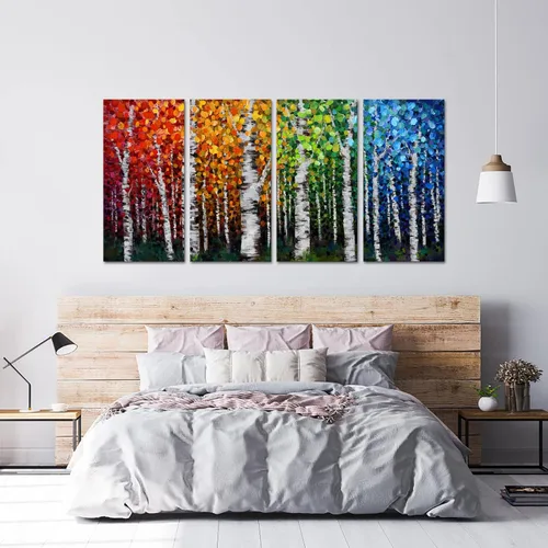 Vista 4 de iKNOW FOTO 4 piezas de lienzo grande de 4 estaciones, arte de pared de abedul con ramas modernas, pintura al óleo, hojas de otoño, paisaje