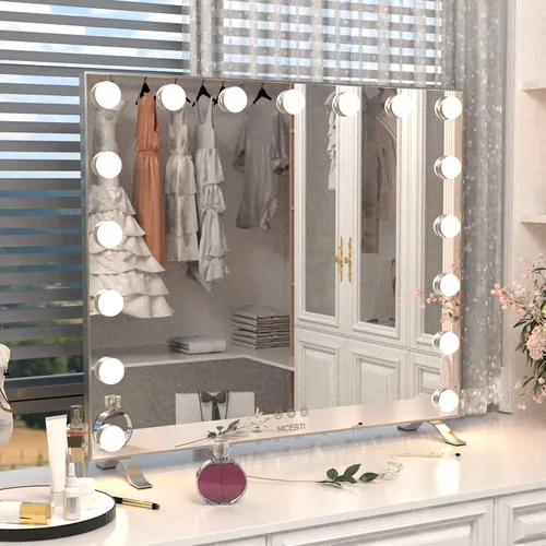 Vista 8 de Espejo de tocador con luces LED, 17 bombillas LED regulables, espejo de maquillaje con control táctil, montaje en mesa o pared, marco de aluminio