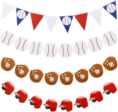 Vista 2 de Tatuo 6 carteles de béisbol para fiestas, guirnalda de papel de béisbol, banderines para decoración de fiestas de cumpleaños temáticas deportivas