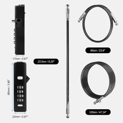 Vista 5 de Candado de cable de combinación de 4 dígitos, 3 cuerdas de acero trenzadas intercambiables (9"/23.6"/47.2"), cerradura de alambre antirrobo
