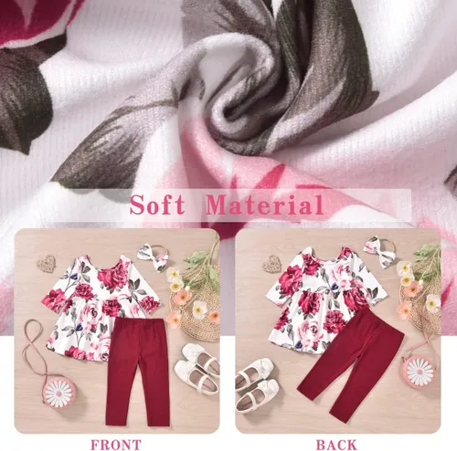Vista 5 de Aalizzwell Conjunto de túnica floral para niñas pequeñas para otoño e invierno Rojo
