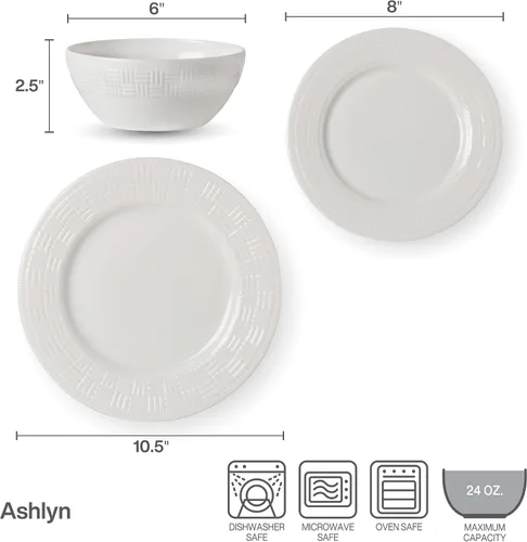 Vista 3 de Mikasa Ashlyn Juego de Vajilla de Porcelana Ósea Vegana Resistente a Astillas de 12 Piezas, Servicio para 4