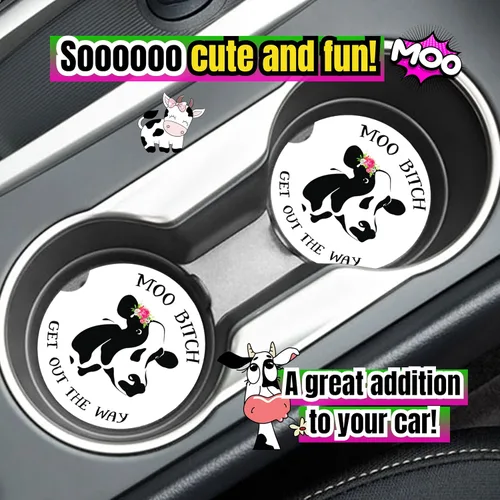Vista 2 de Posavasos de vaca para coche para portavasos - 2 unidades, lindos accesorios de vaca para mujer con estampado de vaca, divertidos artículos de vacas