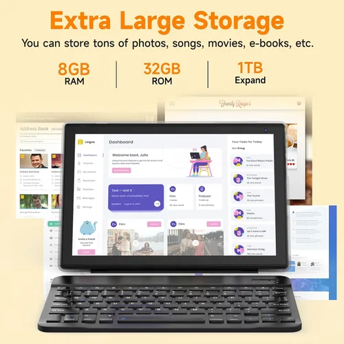 Vista 3 de Tablet Android 15 de 10 pulgadas, tableta 2 en 1 con teclado. 8GB RAM+32GB ROM compatible con tabletas PC expandibles de 1TB, CPU de cuatro núcleos