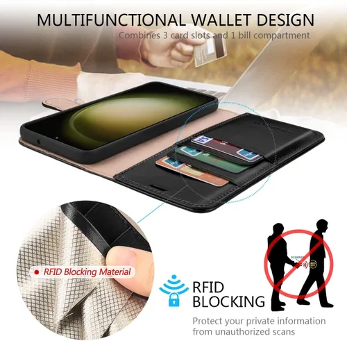 Vista 3 de Belemay Funda tipo cartera para Samsung Galaxy S24 – Funda protectora de piel auténtica con tapa – Tarjeteros con bloqueo RFID – Funda para teléfono