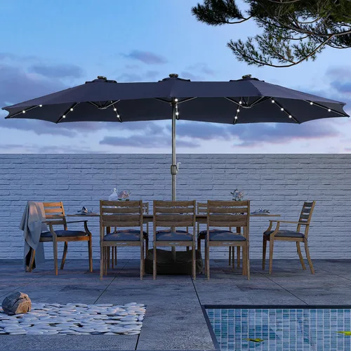 Vista 7 de MONDAWE Paraguas de patio de 15 pies con luces solares (base incluida) sombrilla grande de doble cara de aluminio rectangular de aluminio para mesa