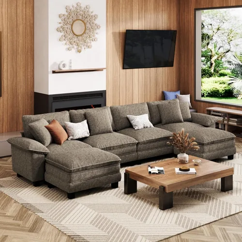 Vista 13 de Sofá seccional en forma de U de 123 pulgadas con cojines tipo nube, juego de sofá modular de asiento profundo con 5 asientos y 2 otomanos, brazos