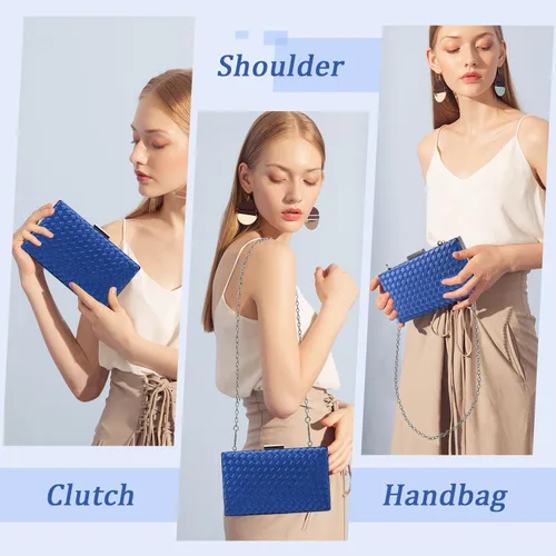 Vista 6 de Bolso de embrague de PU con patrón tejido, bolso de noche, para mujer, bolso de fiesta, bolso de hombro cruzado con cadena desmontable