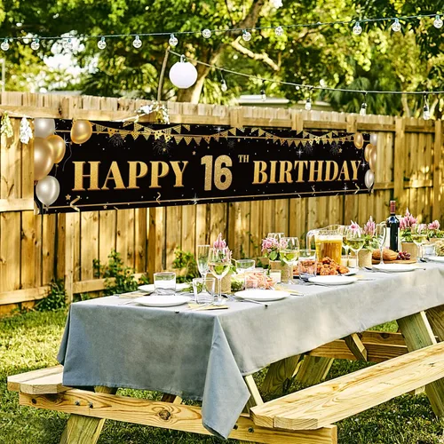 Vista 7 de Cartel grande de decoración de cumpleaños número 16, cartel de feliz cumpleaños número 16 negro y dorado, suministros de decoración de fiesta