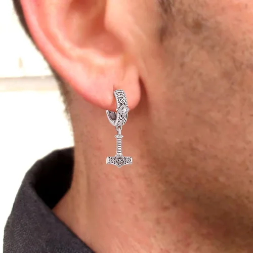 Vista 3 de Aretes colgantes de plata de ley 925, nudo celta, vikingo, espada, turquesa, martillo de Thor, negro, plata y oro, aretes colgantes de múltiples