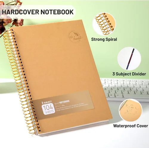 Vista 5 de Cuaderno de espiral grande de 8.5 x 11 con 3 divisiones, cuaderno de espiral de tapa dura para tomar notas, 120 hojas, cuaderno cuadriculado