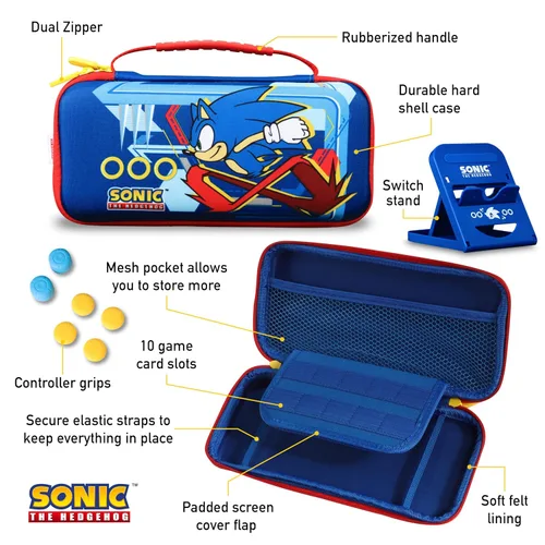 Vista 3 de Sonic the Hedgehog Nintendo Switch Case, Gaming On-the-Go Car Kit, Nintendo Switch Controller Grips, Hands-Free Stand, Nintendo Switch Games and