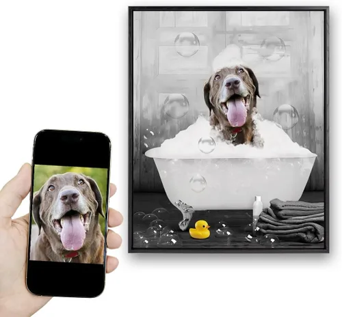 Vista 8 de kvtiwee retrato personalizado de mascota a partir de foto, arte de pared en lienzo de gato en el inodoro, arte de baño divertido en blanco y negro