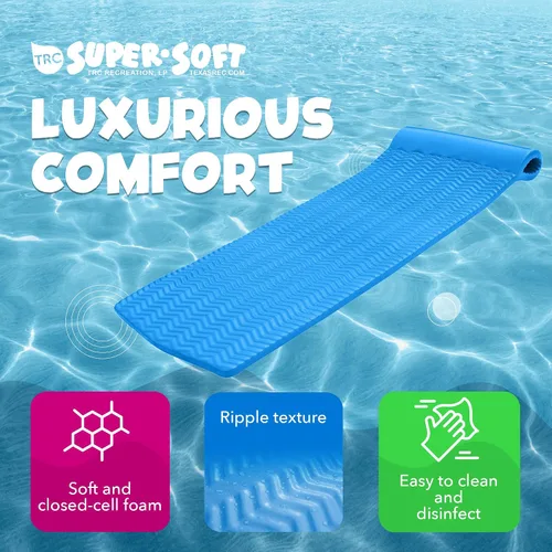 Vista 3 de TRC Recreation Serenity 1.5” Thick Vinyl Coated Foam Swimming Pool Float Mat Adult Lounger with Built-in Roll Pillow
