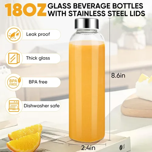 Vista 2 de PROBTTL Botellas de vidrio para jugo de 18 onzas con tapas, botellas de agua de vidrio transparente recargables con tapas herméticas de acero