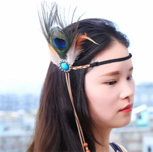 Vista 6 de GORTIN Diademas indias de plumas de pavo real diadema gitana hippie con diamantes de imitación diadema de plumas bohemias diadema para festivales