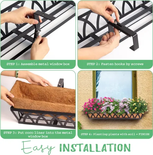 Vista 5 de Jardinera Colgante para Ventana, Cesta Colgante de Metal Negro de 24 Pulgadas para Plantar Flores con Forro de Coco para Balcón Exterior, Porche