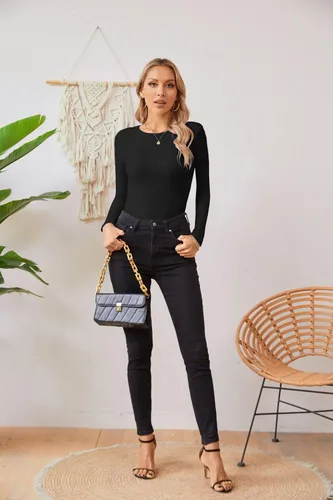 Vista 4 de VICHYIE Fall Clothes Womens Crewneck Ribbed Long Sleeve Shirts Slim Fitted Tee Casual Basic Tshirt Top Negro