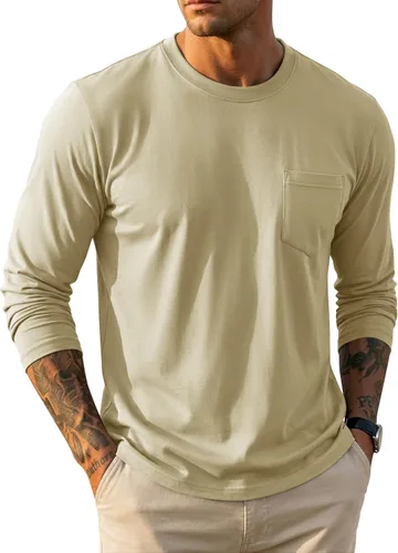 Vista 29 de MAGCOMSEN Camisa de manga larga para hombre con bolsillo, de algodón, cuello redondo, casual, ligera