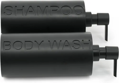 Vista 7 de Paquete de 2 botellas recargables de resina negra mate para champú y gel de baño – Juego de dispensadores de bomba modernos para baño, recipientes