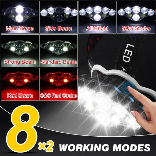 Vista 5 de Elmchee Linterna frontal recargable, 18000 lúmenes, lámpara de cabeza brillante de 8 LED, 16 modos de luz ajustable con sensor de movimiento con luz
