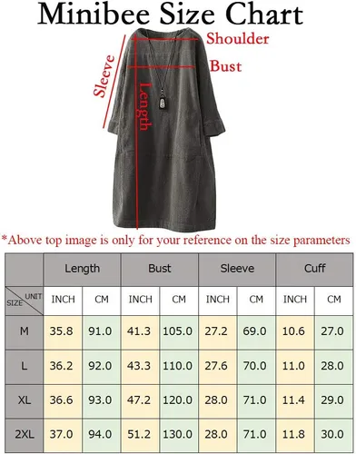 Vista 3 de Minibee Vestido tipo túnica de pana de manga larga con bolsillos para mujer
