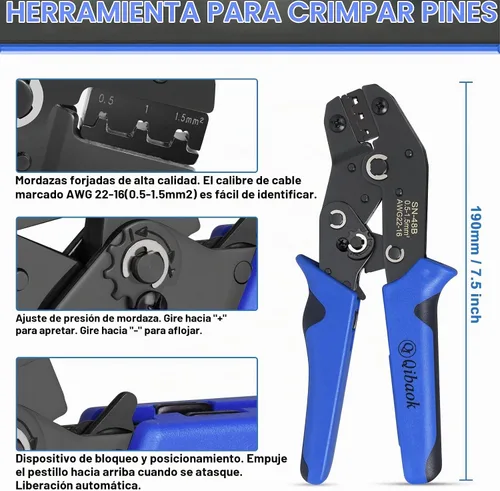 Vista 2 de Qibaok - Kit de herramientas de engaste de terminales de cable, crimpadora de cables de trinquete AWG 22-16 (0.5-1.5 mm²) con 500 conectores macho