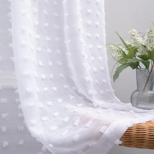 Vista 21 de Cortinas negras KOUFALL de 45 pulgadas de largo para ventana de cocina, cortinas transparentes con pompones y textura de encaje bohemio con bolsillo