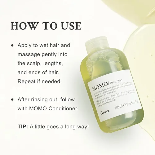 Vista 4 de Davines Champú MOMO, limpiador hidratante suave para cabello seco y deshidratado, añade suavidad y brillo