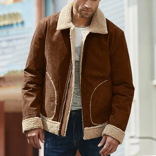 Vista 2 de WOSJKDJ Chaquetas de invierno para hombre, talla grande, de piel sintética, con forro de sherpa, chaquetas térmicas de piel de oveja de oveja