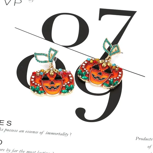 Vista 7 de Aretes de calabaza de Halloween para mujer, aretes colgantes de calabaza de cristal rojo, gato negro, calabaza roja, aretes de calabaza de Acción