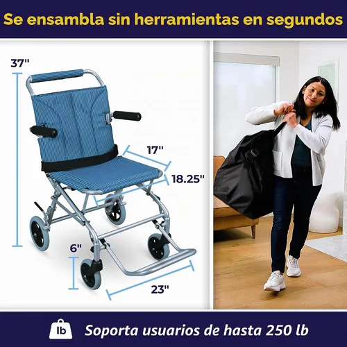 Vista 4 de Silla de ruedas plegable con bolsa de transporte Drive Medical, súper liviana, azul