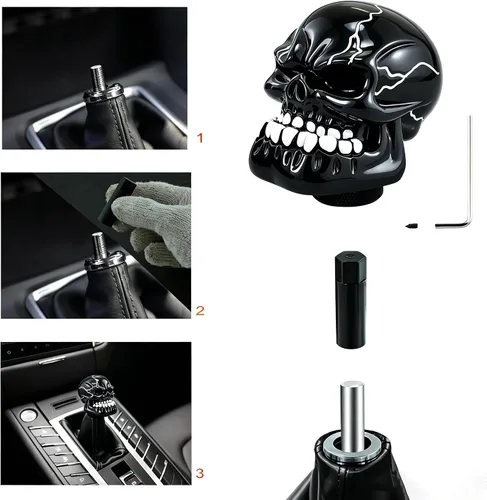 Vista 2 de Lunsom - Pomo de palanca de cambios en forma de calavera, de resina, para la mayoría de los vehículos manuales y automáticos (negro)