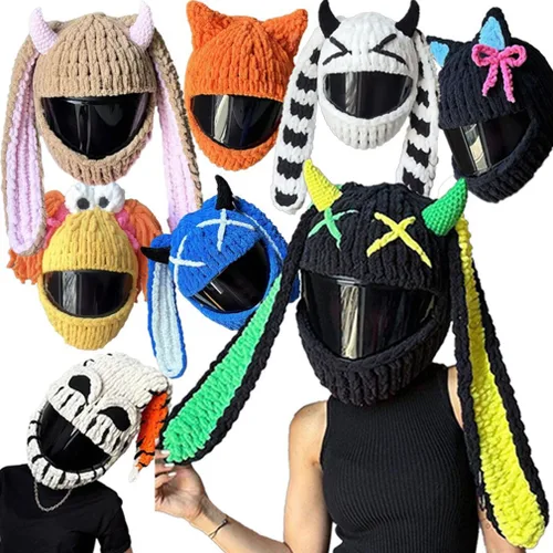 Vista 4 de Lindas fundas para casco de motocicleta con orejas de gato/conejo, cubierta de decoración de casco de cara completa divertida de felpa, gorro